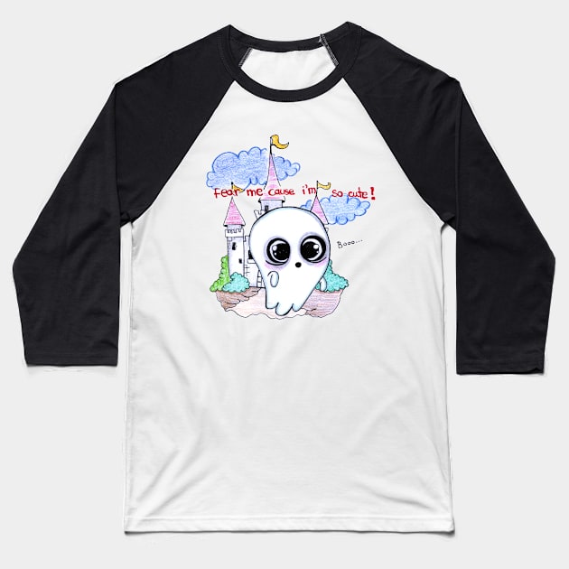 Adorable scary ghost big eyes Baseball T-Shirt by BalumbaArt